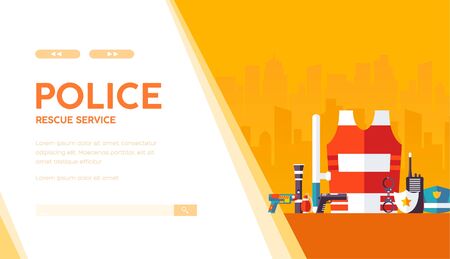 Police professional equipment, outfit: handcuffs, bulletproof vest, truncheon, badge, weapons, radioset, pistol, hat. Rescue service vector template on urban background. Place for text, copy spaceのイラスト素材