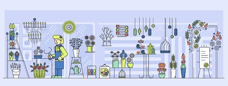 Woman gardener or florist working in botanical garden or home backyard, terrace, orangery, greenhouse. Racks with flowers in pots, ikebanas, agricultural tools. Flat vector illustration.のイラスト素材