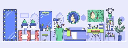 Beauty salon interior. Haircut, manicure, massage and make up studio with chairs, mirrors, desks, plants, hair stylish and cosmetic tools. Hairstyle atelier decoration and furniture vector concept.のイラスト素材