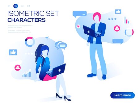 Mobile application and website header images on white background. 3D people work Isometric set. Interacting with graphs, icons and devices. Data analysis and office situations vector illustration.のイラスト素材