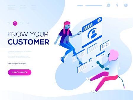 Data analysis and office situations. Isometric vector illustration. Landing page concept. People fly and build a customer profile in a mobile application.のイラスト素材
