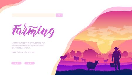 Silhouette of farmer with backet standing next to sheep on pastoral background. Rural landscape with domestic animals grassing on meadow near ranch. Concept of working and living at farm. Copy space.のイラスト素材