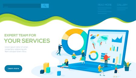 Animal members of expert team analyse data and statistic information, do marketing, financial researches on big laptop using diagrams. The concept of business consulting, teamwork. Place for text.のイラスト素材
