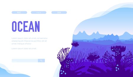 Blue silhouette of marine landscape with habitants: exotic fishes, sargassum, submersed weeds, coral reefs. Undisturbed place of ocean bottom. Vector design for ecology, scuba diving projects.のイラスト素材
