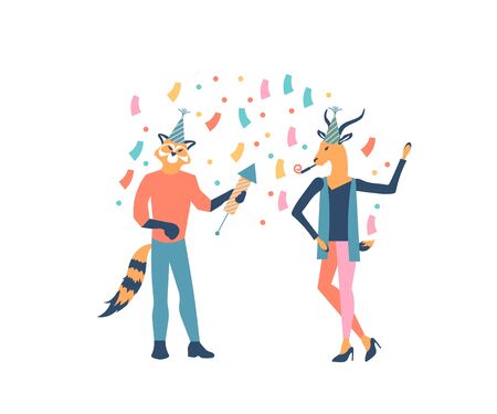 Animal characters in birthday hats celebrate holiday with confetti and party horn. Colleagues have fun. Corporate party in office. Happy new year, merry christmas vector concept isolated on white.のイラスト素材