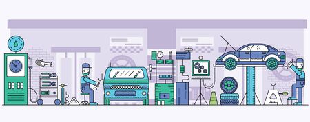 Auto service center interior with tools, mechanics.のイラスト素材