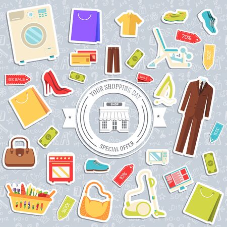 best shopping illustration concept. Template of icons seamless patern design. Many object purchased in the store. In flat sticker styleのイラスト素材