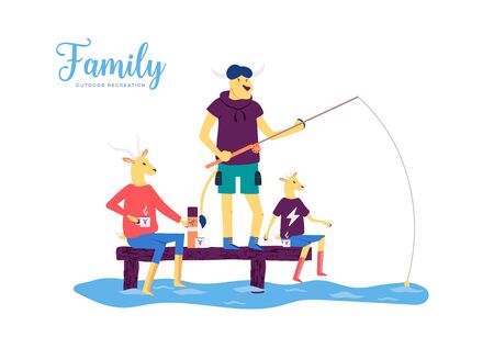 Goat family spends time on lake or river shore.のイラスト素材