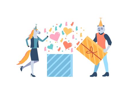 Animal characters in birthday hats stand near open big gift box with colorful confetti and hearts. Surprise for birthday, anniversary, valentine`s day. Loving couple celebrate holiday. Vector on whiteのイラスト素材