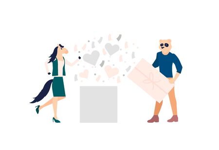 Man and woman open surprise box with confetti.のイラスト素材