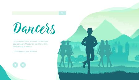 Silhouette of hatted man and girls performing irish traditional dance. Step dancers of Ireland in festival, competition. Treble reel, jig dance vector design for website, landing page. Place for textのイラスト素材