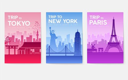 Travel information cards. Landscape template of flyear, magazines, posters, book cover, banners. Country of England, China, Germany, India, Japan, USA, France and Egypt set. Layout city pagesのイラスト素材