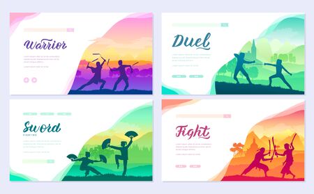 Martial arts of different Nations of the world. Traditional fights with weapon brochure card set. Fighting style battle template of flyer, web banner, ui header, enter site. Layout modern slider pageのイラスト素材