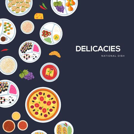 Vector banner with national dishes. Traditional delicacies poster. Invitation card for holiday with seafood, fruits, pastry. Template for food festival, cafe menu, advertising. Copy space. Top view.のイラスト素材