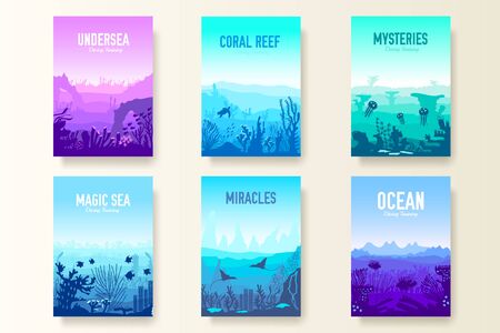 dedicated to undersea vector brochure cards set. Coral reef in the ocean template of flyear, magazines, poster, book cover, banners. invitation concept background. Layout illustration modern pageのイラスト素材