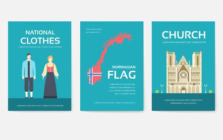 Set of Norway country ornament travel tour concept. Monument traditional, magazine, book, poster, abstract, element. Vector decorative ethnic greeting card or invitation design backgroundのイラスト素材