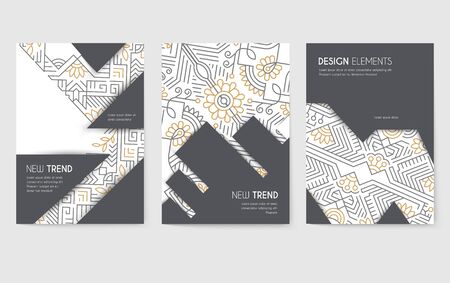Abstract vector brochure cards set. Outline art template of flyer, magazines, posters, book cover, banners. Colorful thin line invitation concept background. Layout ornament illustrations modern pageのイラスト素材