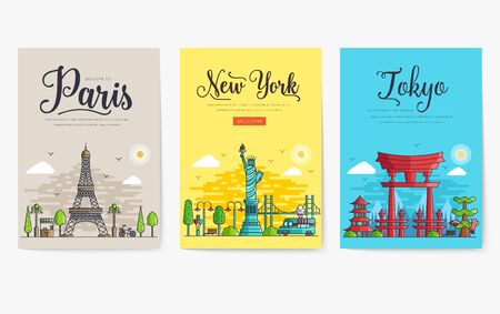 Set of different cities for travel destinations. landmarks banner template of flyer, magazines, posters, book cover, banners. Layout workplace technology flat illustrations modern pagesのイラスト素材