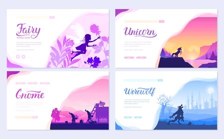 Set of diverse fantasy worlds. Fantasy creatures from old myths and fairy tales. Template of flyer, web banner, ui header, enter site. Invitation concept background. Layout modern slider pageのイラスト素材