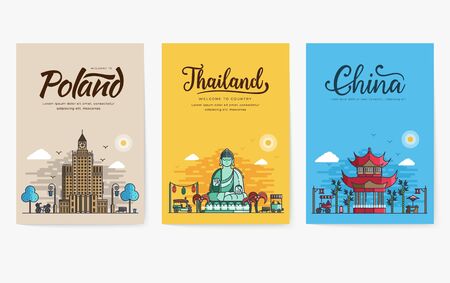 Set of outline different cities for travel destinations. Landmarks banner thin line of flyer, magazines, posters, book cover, banners. Layout world architectural flat illustrations modern pagesのイラスト素材