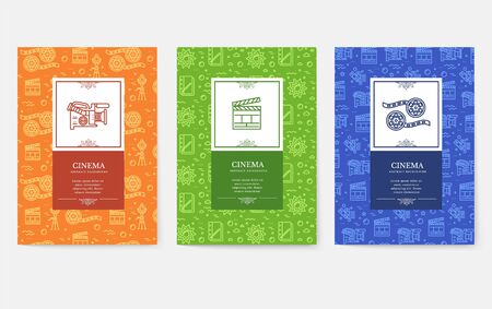 Set of thin line cinema vacation pattern concept. Art traditional, magazine, book, poster, abstract, banners, element. Vector outline package greeting card or invitation design backgroundのイラスト素材