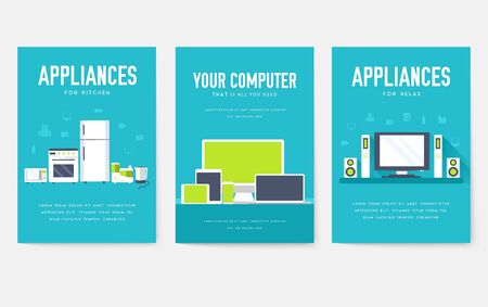 Home appliances cards set. Electronics template of flyer, magazines, posters, book cover, banners. Devices infographic concept background. Layout illustrations template pages with typography textのイラスト素材