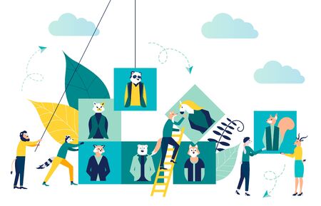 Business graph, open vacancy, business company. Looking for an employee for a job, flat color icons. Businessmen are considering a resume creative vector illustrationのイラスト素材