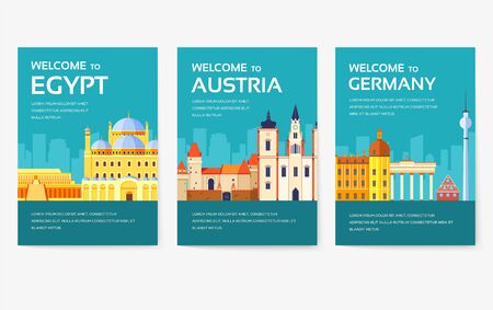 Country of Egypt, Austria, Germany, India, Russia, Thailand, Japan, Italy card set. Travel of the world of flyer, magazines, poster, book cover, banner. Layout infographic template illustration pageのイラスト素材