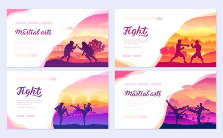 Representatives of traditional fighters from all over the world brochure cards set. Fighting style battle nature template of flyer, web banner, ui header, enter site. Layout modern slider pageのイラスト素材
