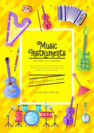 Music instruments vector brochure cards set. Audio tools template of flyear, magazines, poster, book cover, banners. Concert invitation concept background. Layout illustration modern pageのイラスト素材