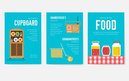 Grannys day brochure cards set. old character people template of flyer, magazine, poster, book cover, banners. grandmother and grandfather house invitation concept background. Layout modern pageのイラスト素材