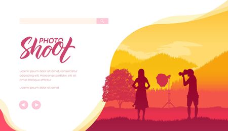Silhouette of photographer with equipment taking photos of young woman on nature. Photo shoot session with female model against forest landscape. Place for text, copy space. Vector template.のイラスト素材