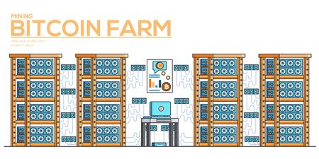 Server room with equipment for mining crypto currency. Modern computer technologies horizontal banner. Digital money market. Bitcoin farm vector flat illustration. Data storage concept.のイラスト素材
