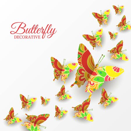 Abstract summer background. Decorative frame with colorful flying butterflies. Vector paper cut illustration, template for banner, flyer, invitation, greeting card. Copy space, place for text.のイラスト素材