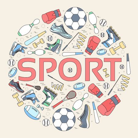 Circular concept of sports equipment background. life style tools with gym device, equipment and items. Training apparatus on a flat thin lines design. Vector illustration workout concept icons set.のイラスト素材