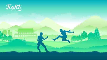 China warriors martial arts of different Nations of the world. Traditional fights without weapons background. Fighting style battle template layout modern sliderのイラスト素材
