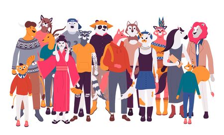 Happy old and young men, women and children standing together flat cartoon. Social diversity vector illustration. Diverse multiracial and multicultural group of people isolated on white background.のイラスト素材
