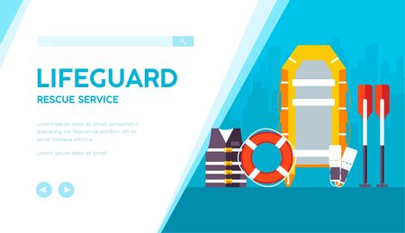Lifeguard equipment for working on beach: life saver, vest, flippers, oars, boat. Swimming outfit vector flat banner on urban background. Rescue service template for website. Place for text.のイラスト素材