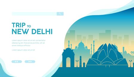 Silhouette of famous indian landmarks and sightseeing attractions. Lotus temple, India Gate, Taj Mahal in New Delhi. Vector template, landing page for travel, tourist projects. Place for text.のイラスト素材