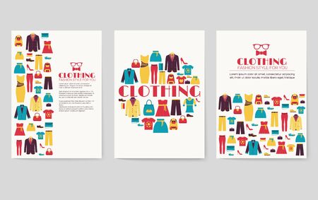 Clothes vector brochure cards set. Print art template of flyear, magazines, posters, book cover, banners. Colorful design invitation concept background. Layout shop illustrations modern pageのイラスト素材