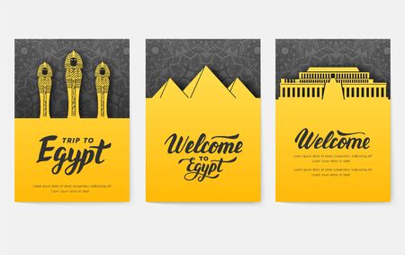 Set of Egypt country ornament illustration concept. Art traditional, poster, book, abstract, ottoman motifs, element. Vector decorative ethnic greeting card or invitation design background.のイラスト素材