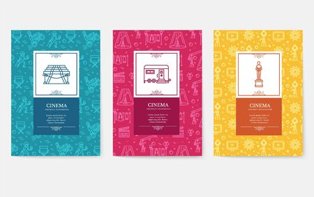 Set of thin line cinema vacation pattern concept. Art traditional, magazine, book, poster, abstract, banners, element. Vector outline package greeting card or invitation design backgroundのイラスト素材