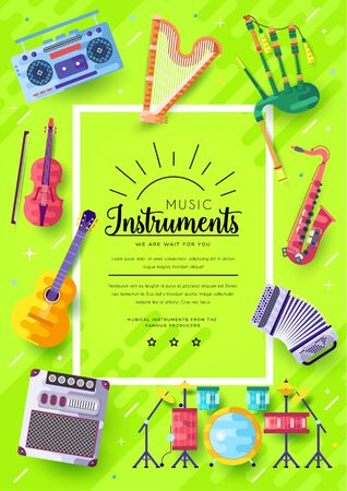 Music instruments vector brochure cards set. Audio tools template of flyear, magazines, poster, book cover, banners. Concert invitation concept background. Layout illustration modern pageのイラスト素材