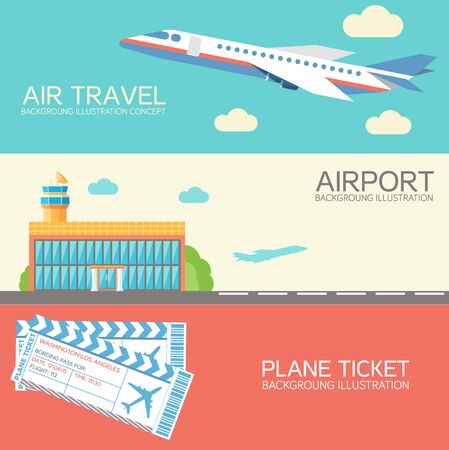Set of horizontal banners with flying plane in sky, airport, boarding passes. Gift travel voucher template. Vector design for tourist and business air trips, travel agency, buying, booking tickets.のイラスト素材
