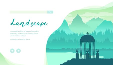 Beautiful landscape with mountains, forest, river, ornamental gazebo in green colours. Nature place for relaxation, meditation and inspiration. Park pavilion. Vector design. Place for text, copy spaceのイラスト素材