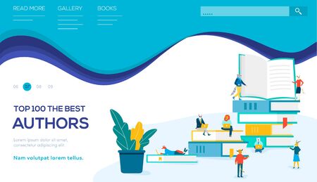 Animal characters standing, sitting, lying with laptops between books. Concept of top 100 the best authors, love of reading, learning, bestseller list. Vector flat design. Place for text, copy space.のイラスト素材