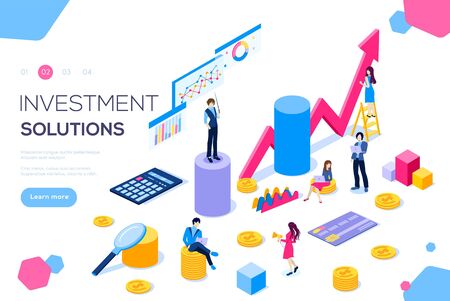 Analysis of sales, statistic grow data, accounting infographic illustration. Bank development economics strategy. Commerce solutions for investments, analysis. Economic deposits flat isometric conceptのイラスト素材