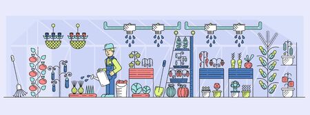 Farmer watering vegetables and flowers in greenhouse.のイラスト素材