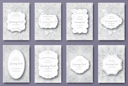Set of wedding card flyer pages ornament illustration concept. Vintage art traditional, Islam, arabic, indian, ottoman motifs, elements. Vector decorative retro greeting card or invitation design.のイラスト素材