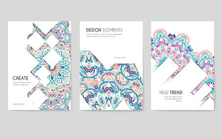Abstract vector brochure cards set. Print art template of flyear, magazines, posters, book cover, banners. Colorful design invitation concept background. Layout ornament illustrations modern pageのイラスト素材